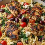 A skillet of Mediterranean chicken orzo with spinach, feta, and sun-dried tomatoes