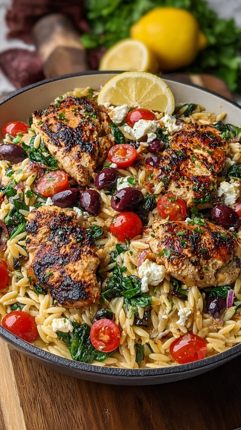 A skillet of Mediterranean chicken orzo with spinach, feta, and sun-dried tomatoes