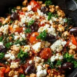 A colorful ground chicken skillet with cherry tomatoes, olives, spinach, and crumbled feta cheese.