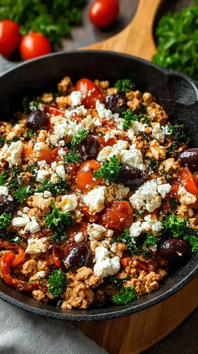 A colorful ground chicken skillet with cherry tomatoes, olives, spinach, and crumbled feta cheese.