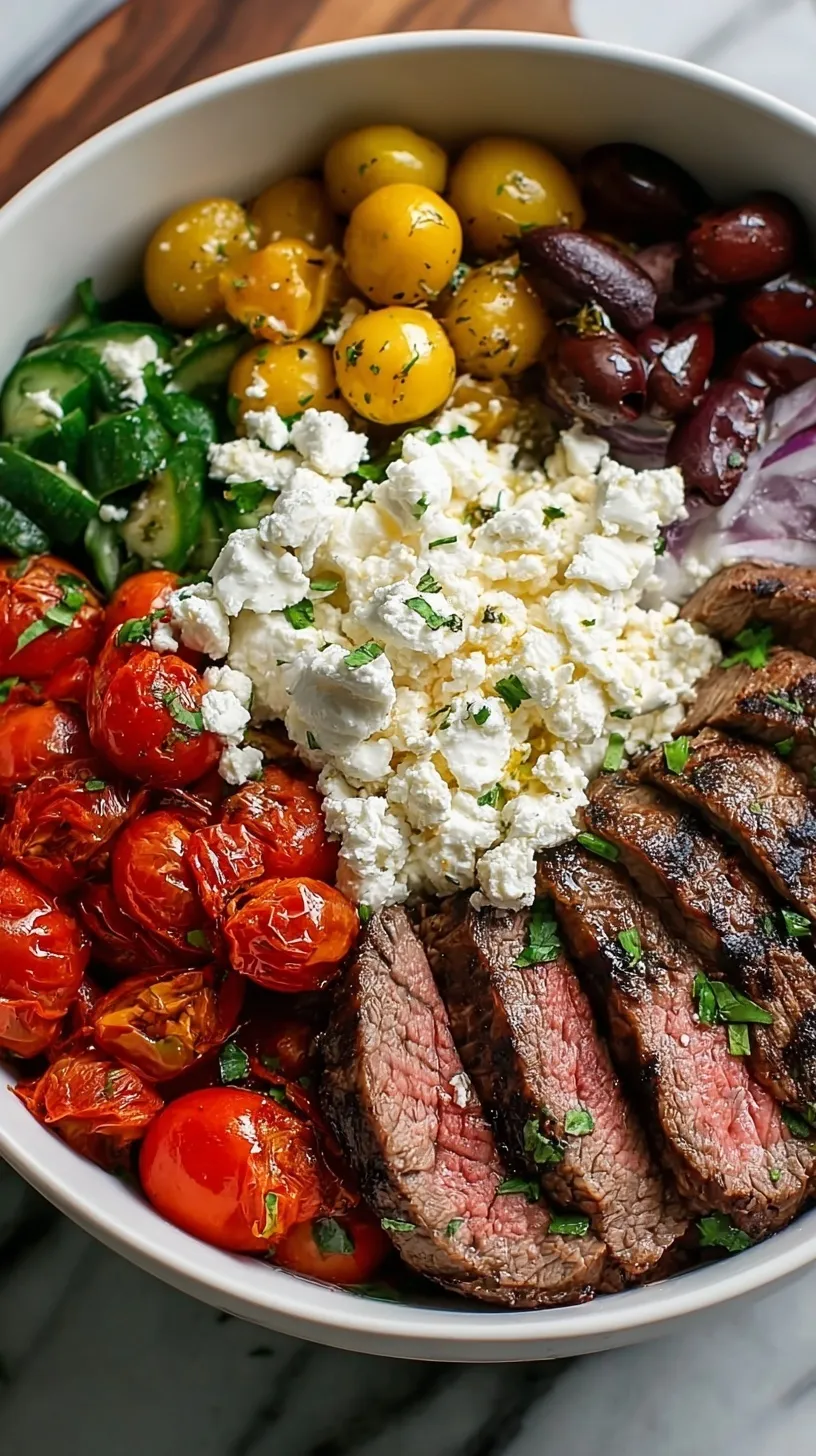 A colorful High Protein Mediterranean Steak Bowl with sliced steak, quinoa, and fresh vegetables.