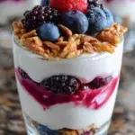 Four glass jars filled with layers of creamy Greek yogurt, fresh mixed berries, and crunchy granola