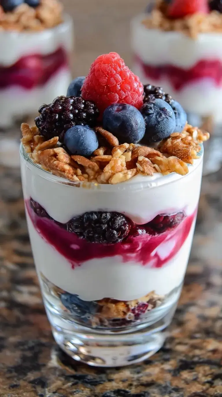 Four glass jars filled with layers of creamy Greek yogurt, fresh mixed berries, and crunchy granola
