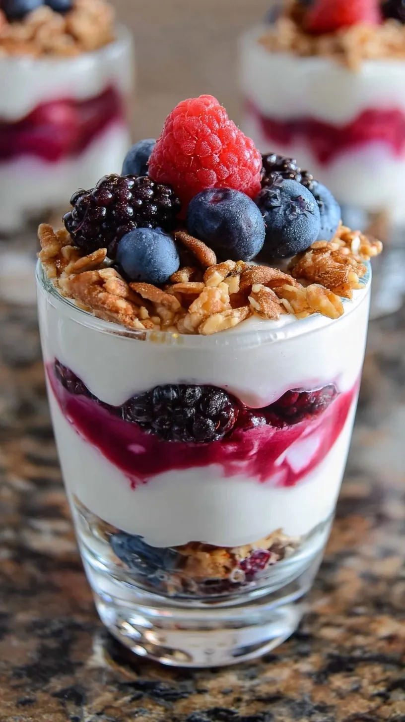 Four glass jars filled with layers of creamy Greek yogurt, fresh mixed berries, and crunchy granola