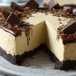 A slice of creamy coffee cheesecake with a dark oat crust on a white plate