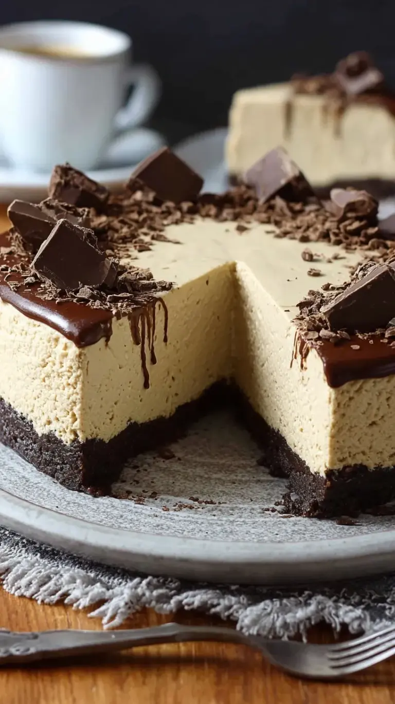 A slice of creamy coffee cheesecake with a dark oat crust on a white plate