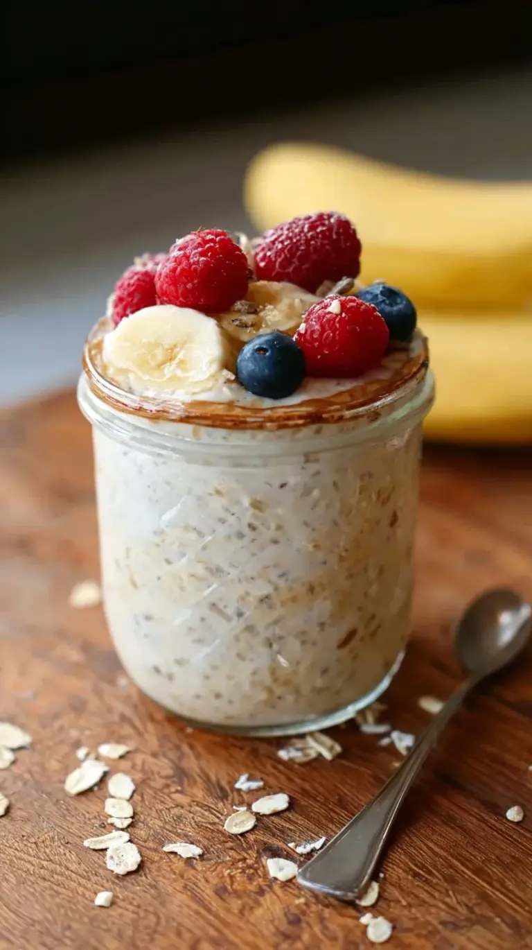 A glass jar filled with creamy overnight oats topped with fresh berries and nuts.