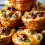 Golden brown mini pancake muffins with savory sausage crumbles on a wire cooling rack.