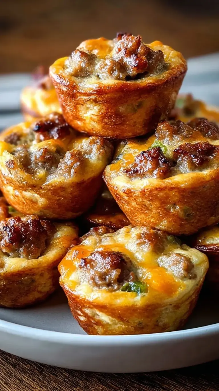 Golden brown mini pancake muffins with savory sausage crumbles on a wire cooling rack.