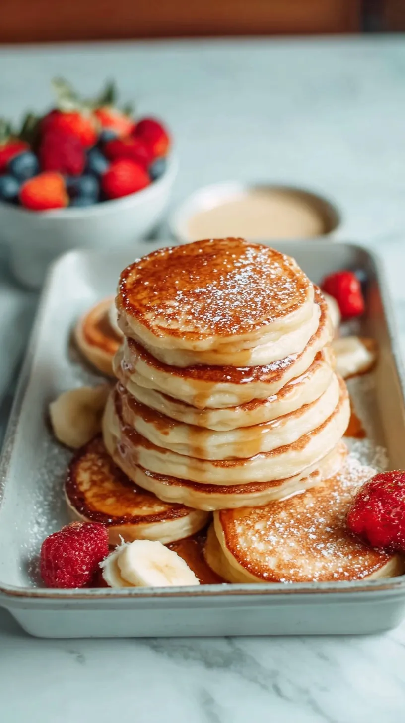 A stack of golden brown high protein pancakes topped with fresh berries and maple syrup on a white plate.