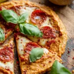 A bowl of creamy reddish-orange pizza hummus topped with dried oregano and hemp hearts next to fresh vegetables.