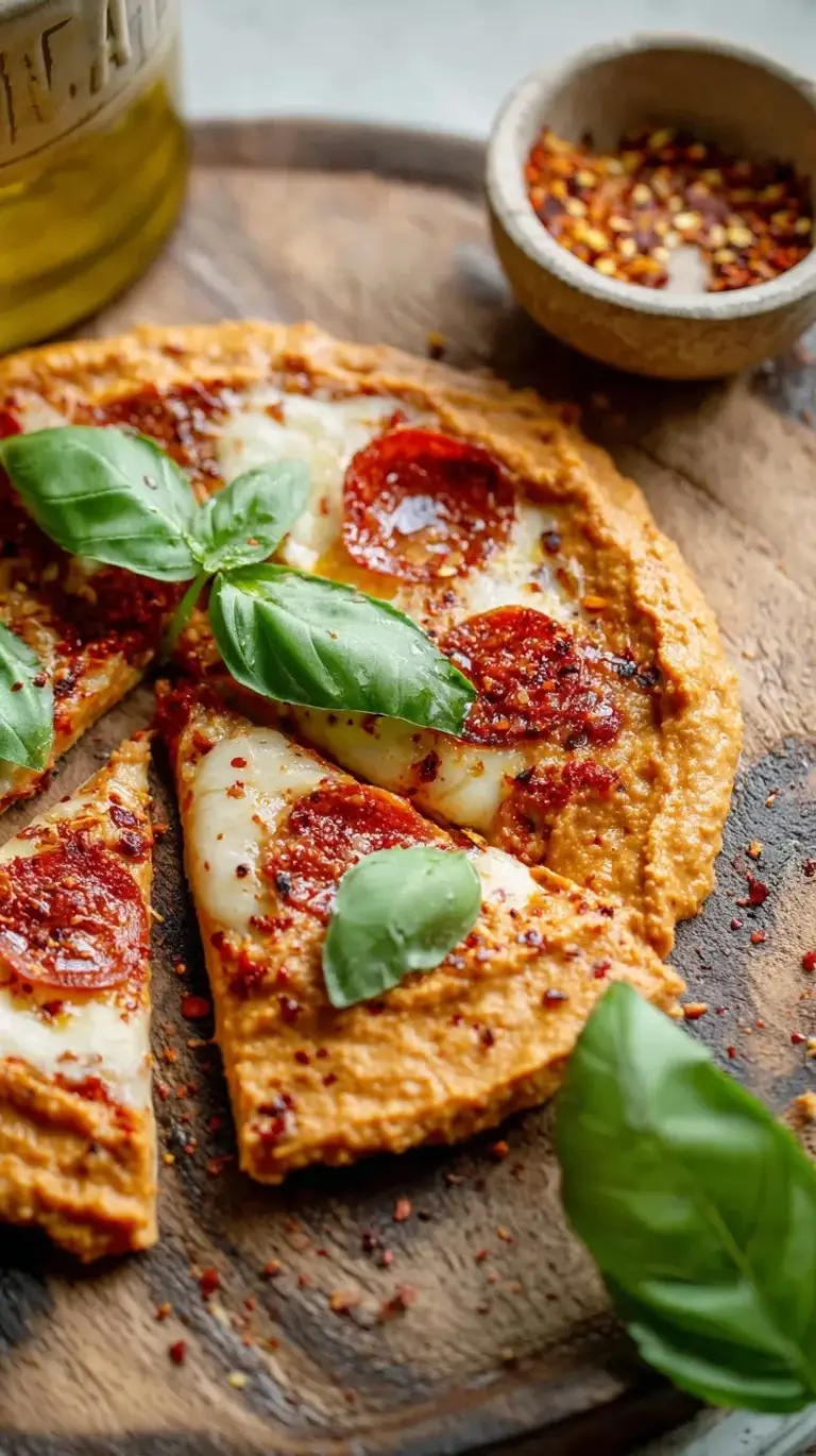 A bowl of creamy reddish-orange pizza hummus topped with dried oregano and hemp hearts next to fresh vegetables.