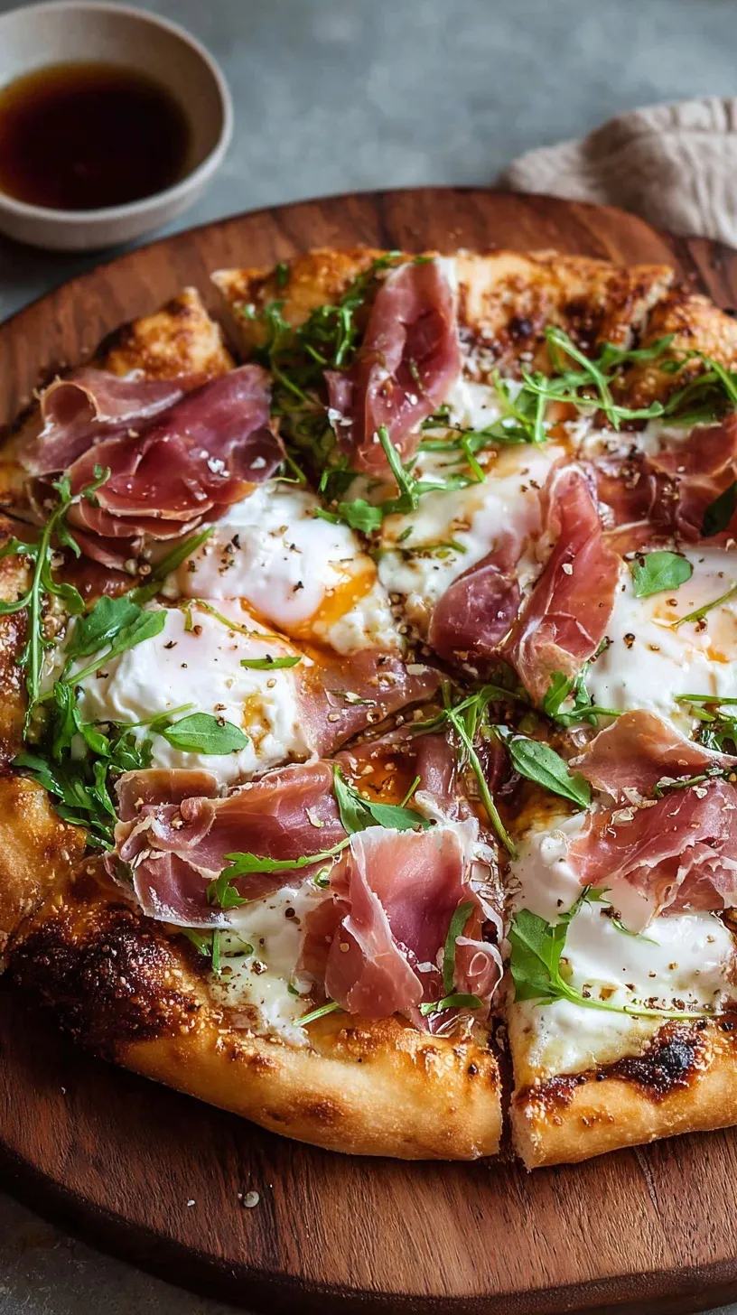 A golden brown pizza topped with creamy burrata cheese, salty prosciutto, fresh arugula, and a drizzle of honey and balsamic glaze.