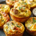 Golden brown high protein sausage pancake muffins in a muffin tin
