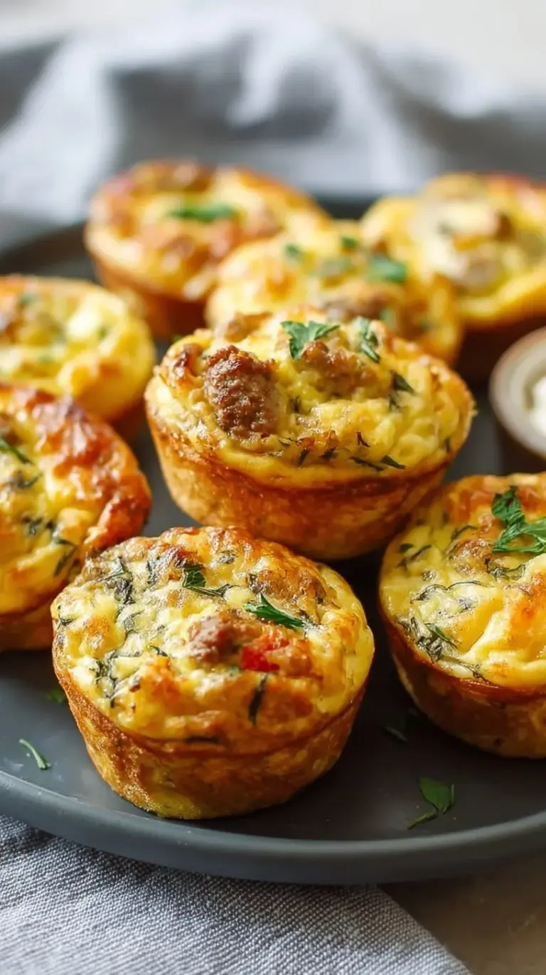 Golden brown high protein sausage pancake muffins in a muffin tin