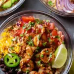 A vibrant shrimp taco rice bowl with avocado, red cabbage, and lime cilantro rice.