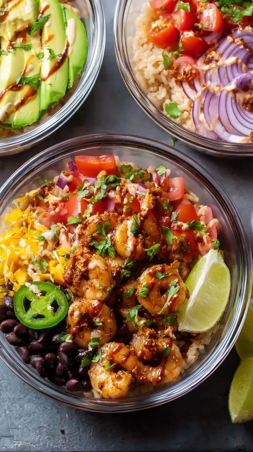 A vibrant shrimp taco rice bowl with avocado, red cabbage, and lime cilantro rice.