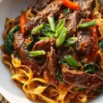 A bowl of tender slow-cooked beef and noodles garnished with green onions and sesame seeds.