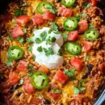 A warm slow cooker filled with cheesy taco casserole, quinoa, and black beans