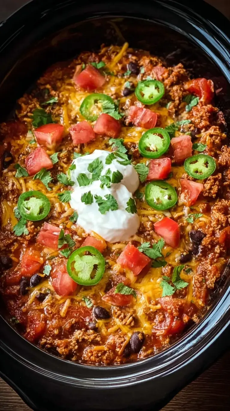 A warm slow cooker filled with cheesy taco casserole, quinoa, and black beans