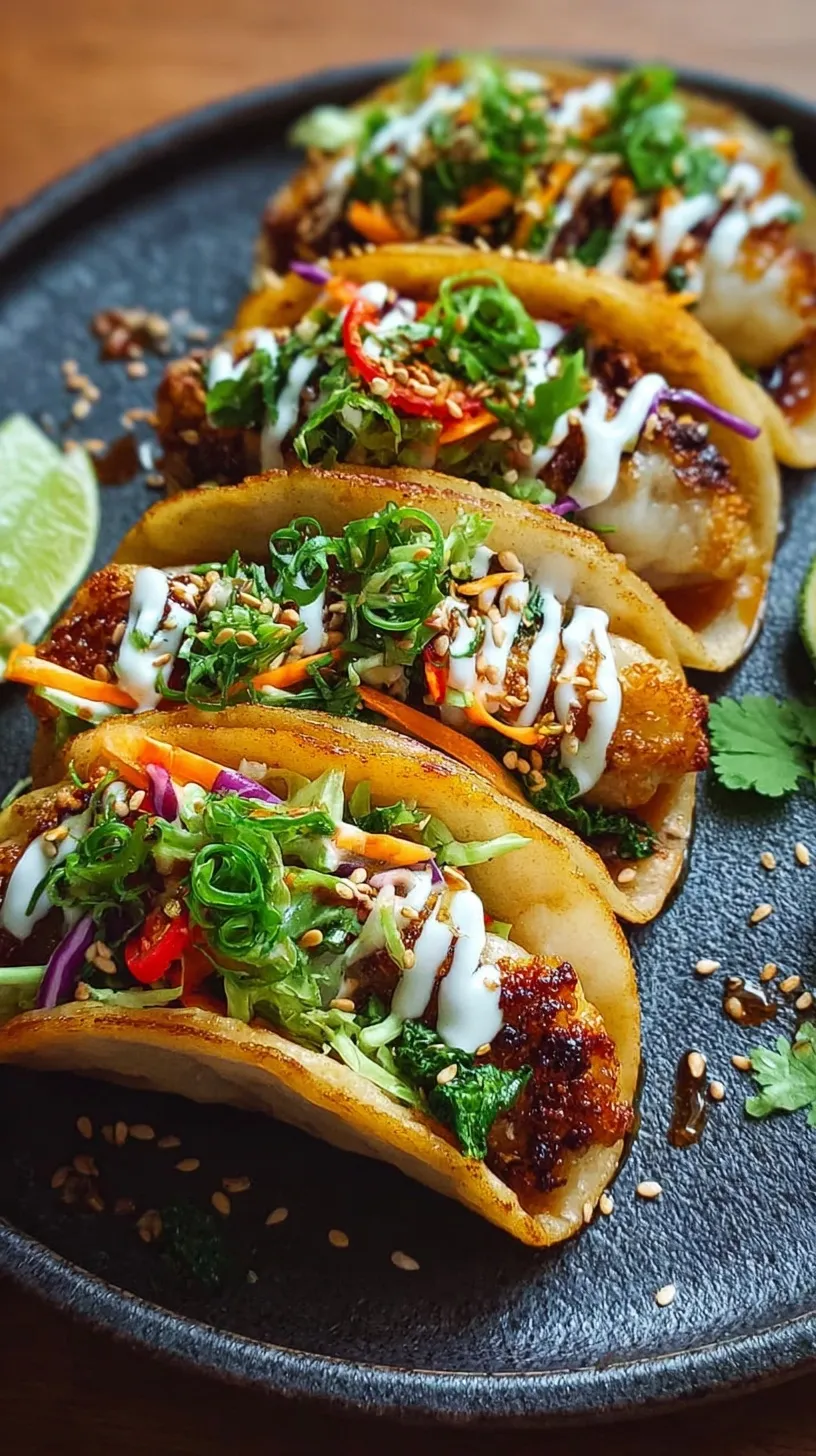 Crispy high protein smash tacos topped with fresh cabbage slaw and scallions on a plate.