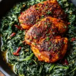 Juicy smoked paprika chicken breast sliced over a bed of creamy green spinach