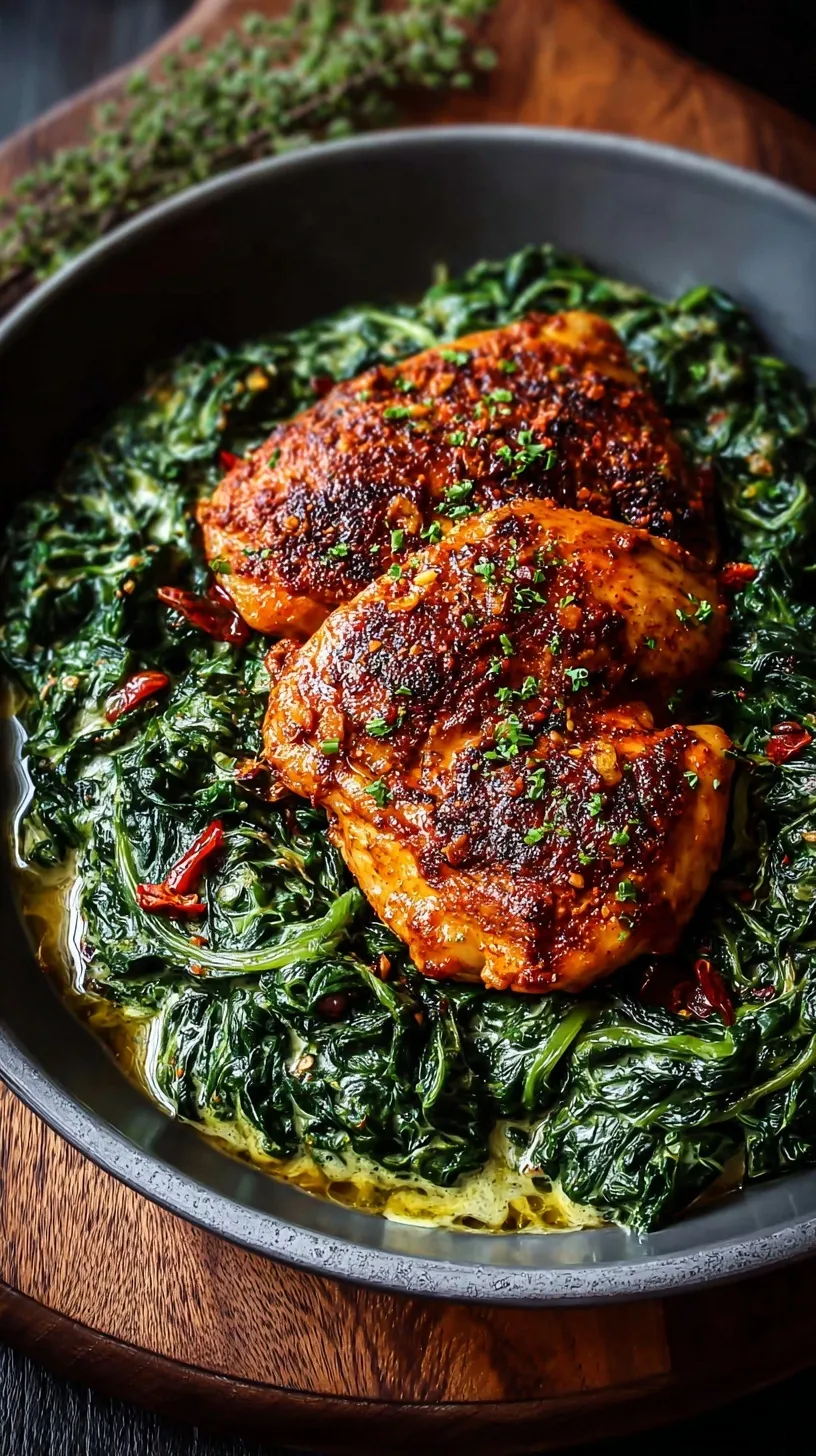 Juicy smoked paprika chicken breast sliced over a bed of creamy green spinach