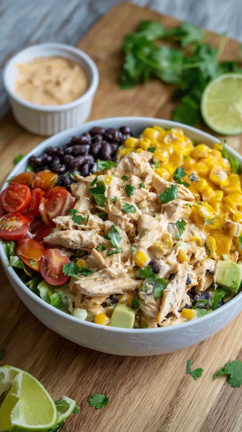 A fresh bowl of High Protein Southwest Chicken Salad with grilled chicken, avocado, and lime dressing.