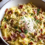 A bowl of creamy spaghetti squash carbonara with chicken and crispy guanciale