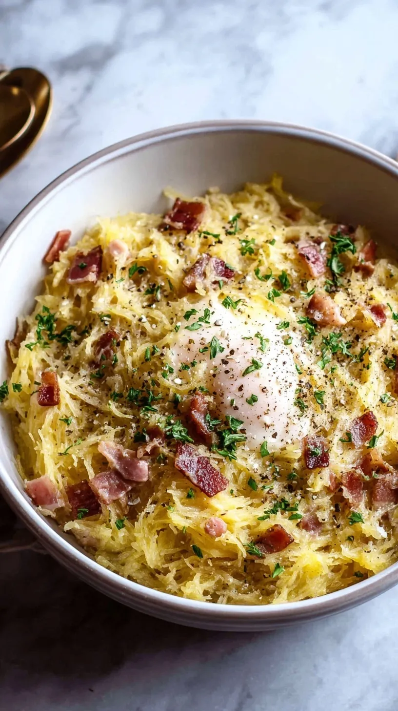 A bowl of creamy spaghetti squash carbonara with chicken and crispy guanciale