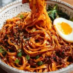 A bowl of spicy gochujang noodles with chicken, spinach, and sesame seeds