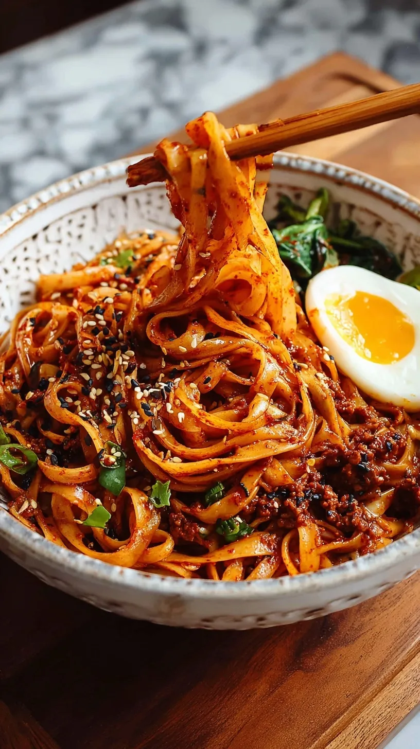 A bowl of spicy gochujang noodles with chicken, spinach, and sesame seeds
