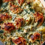 A golden brown high protein chicken casserole with spinach and artichokes in a glass baking dish