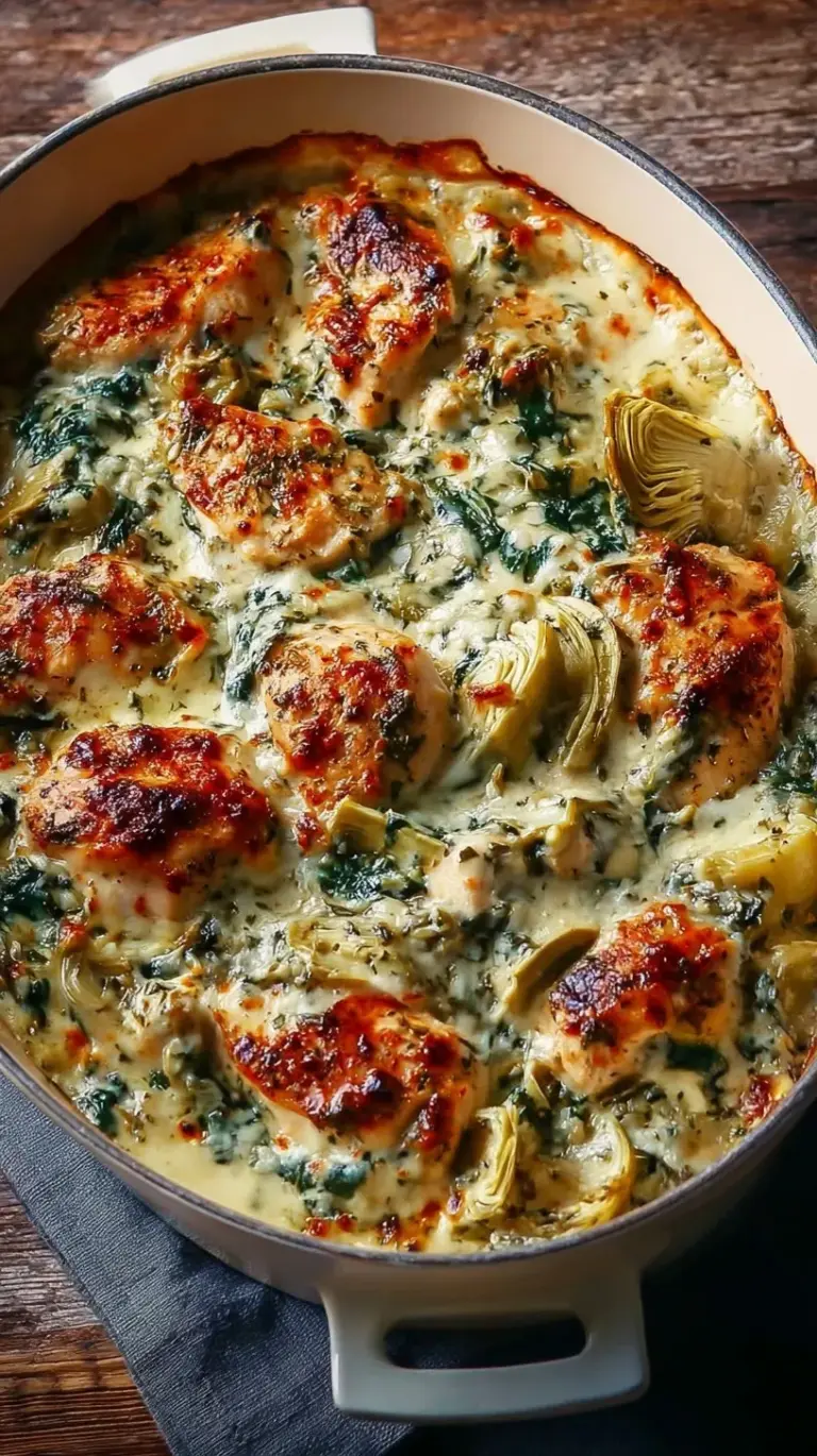 A golden brown high protein chicken casserole with spinach and artichokes in a glass baking dish
