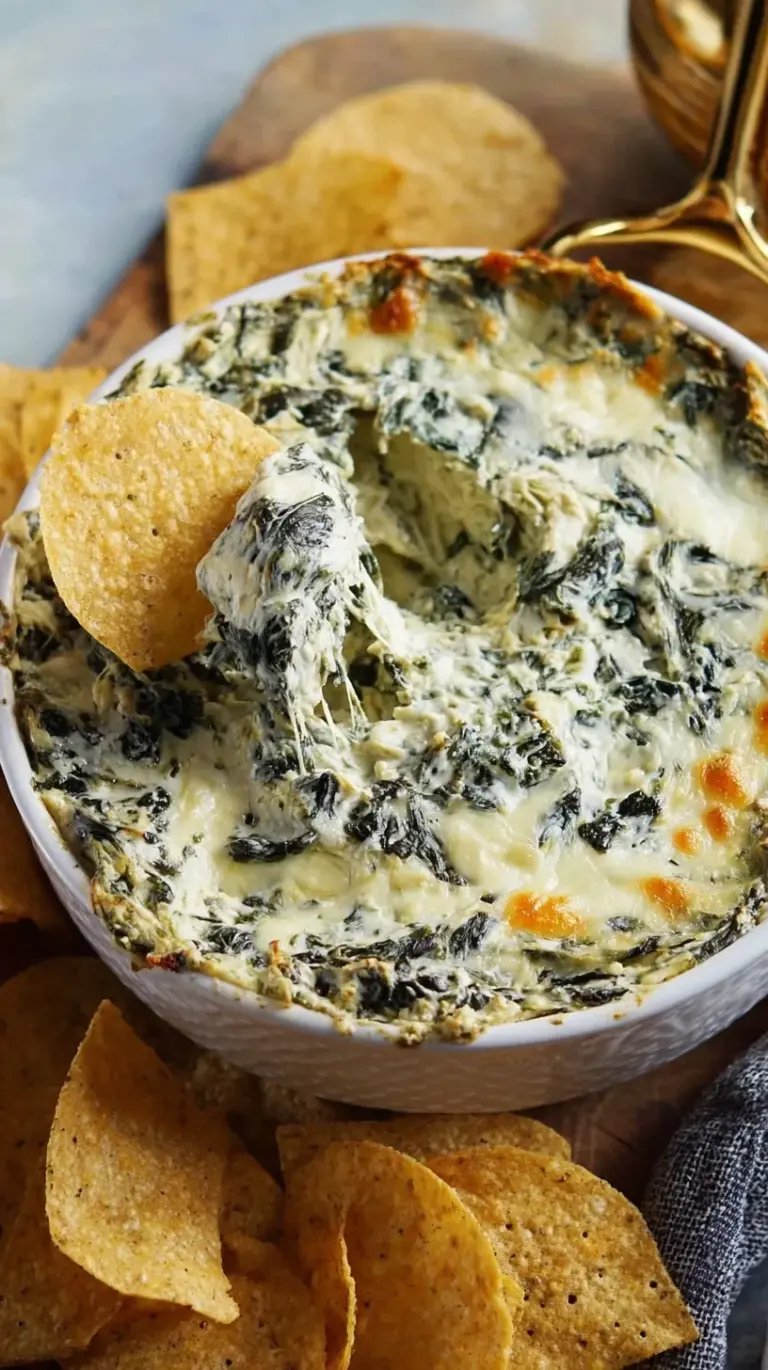 A bubbling dish of high protein spinach artichoke dip topped with melted cheese and served with fresh vegetables.