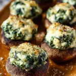 Golden brown stuffed mushrooms filled with creamy spinach and melted cheese on a baking sheet