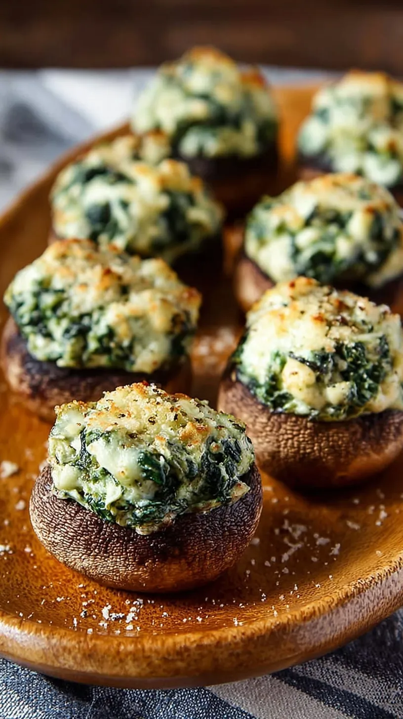 Golden brown stuffed mushrooms filled with creamy spinach and melted cheese on a baking sheet