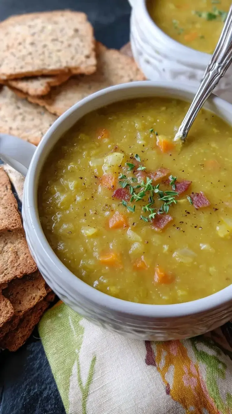 A steaming bowl of green split pea soup with diced ham and carrots