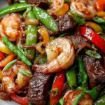 A colorful steak and shrimp stir fry with broccoli and red peppers in a savory sauce.