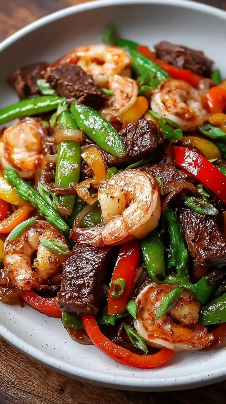 A colorful steak and shrimp stir fry with broccoli and red peppers in a savory sauce.