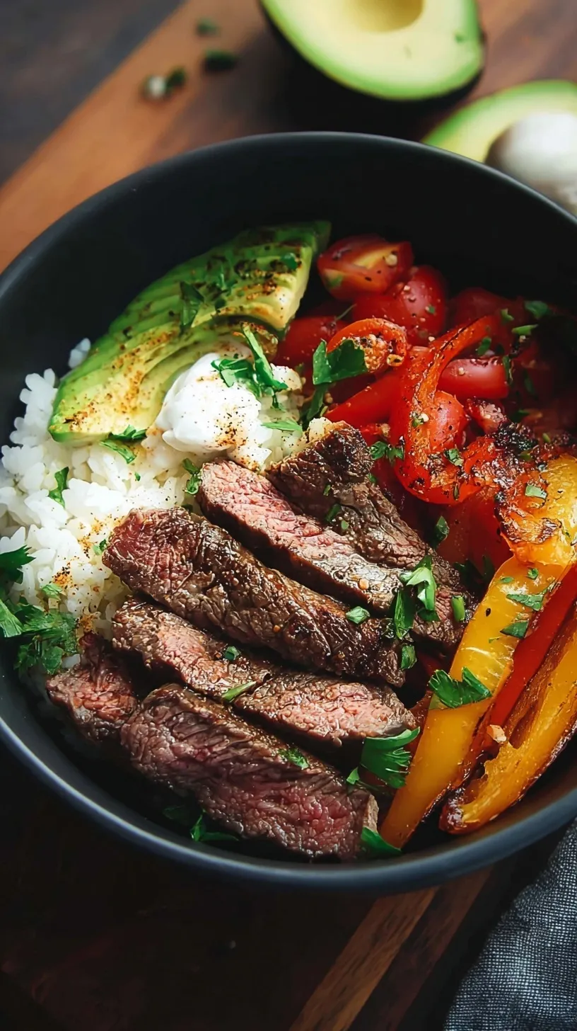 A high protein steak fajita bowl with charred peppers, onions, and quinoa in a meal prep container.