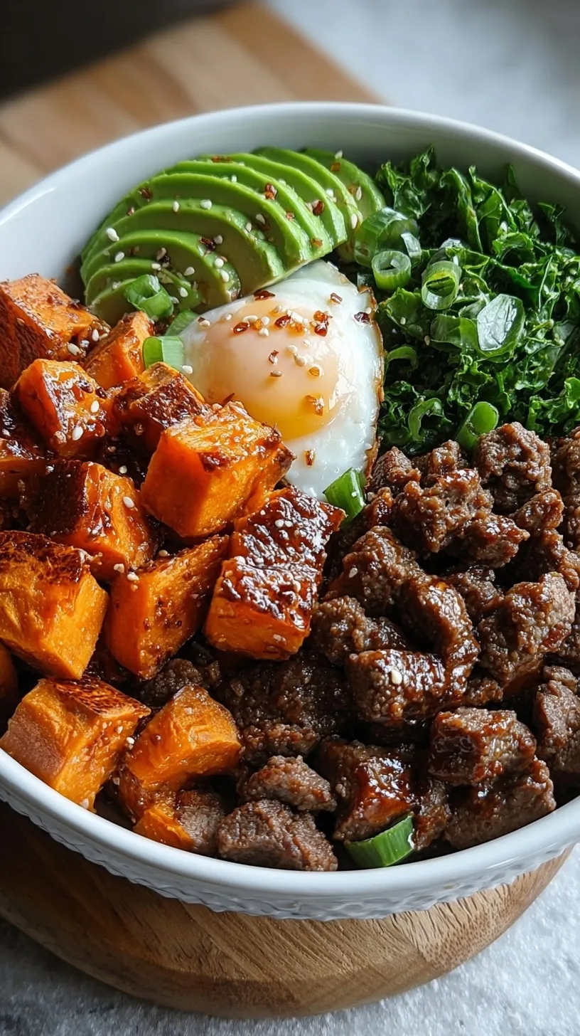 A meal prep bowl with roasted sweet potatoes, charred broccoli, and ground beef drizzled with hot honey glaze.