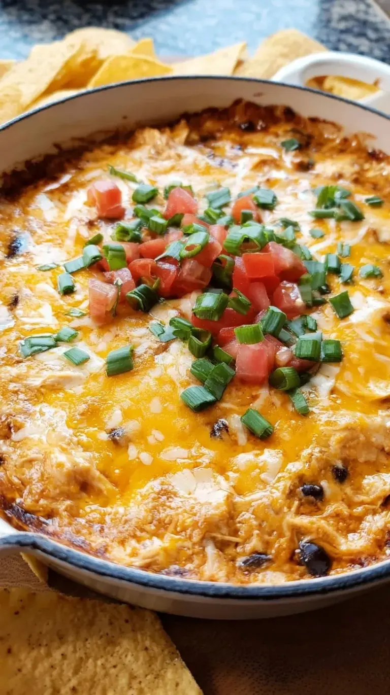A warm baking dish filled with cheesy High Protein Taco Chicken Dip topped with fresh cilantro.