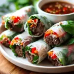 Fresh Thai Basil Beef Rolls filled with lean beef, carrots, and cucumbers wrapped in clear rice paper.