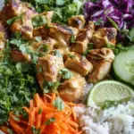 A meal prep bowl with grilled chicken, steamed broccoli, brown rice, and creamy peanut sauce drizzle.