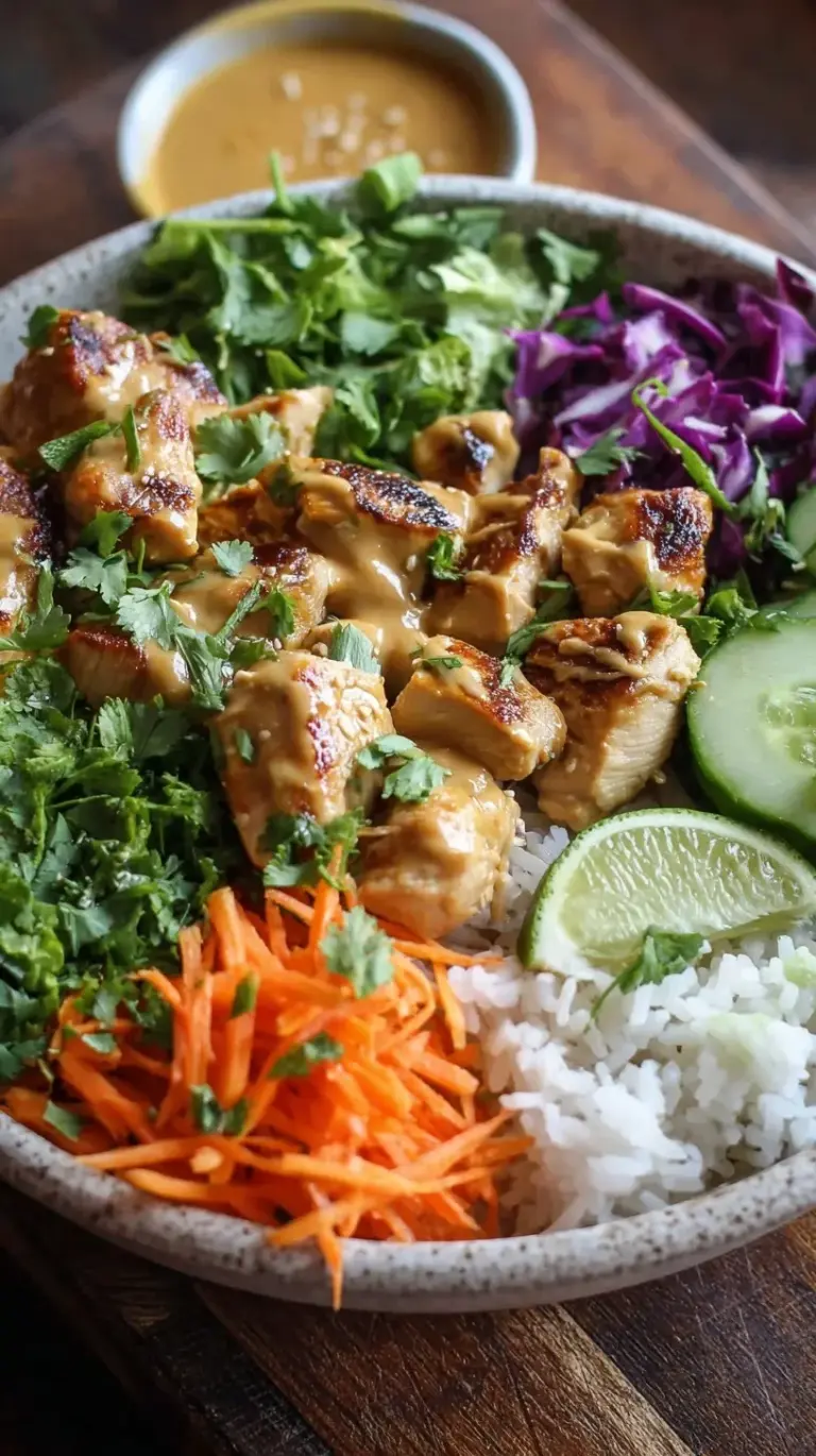 A meal prep bowl with grilled chicken, steamed broccoli, brown rice, and creamy peanut sauce drizzle.