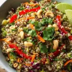 A colorful bowl of high protein Thai quinoa salad with purple cabbage, edamame, and peanut dressing.