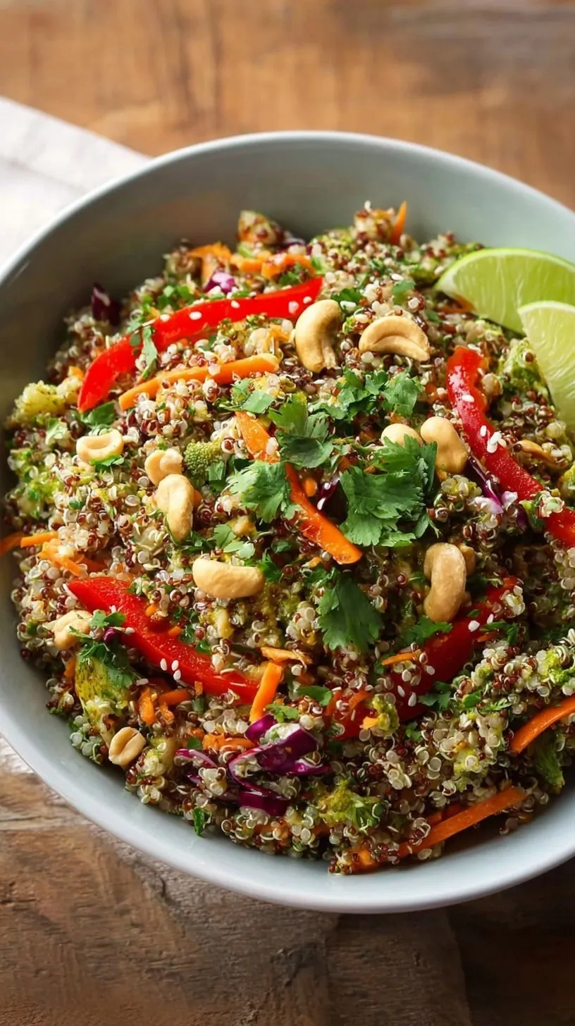 A colorful bowl of high protein Thai quinoa salad with purple cabbage, edamame, and peanut dressing.