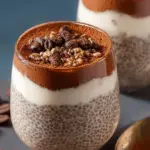 Layers of coffee-flavored chia pudding and Greek yogurt dusted with cocoa powder in a glass jar.