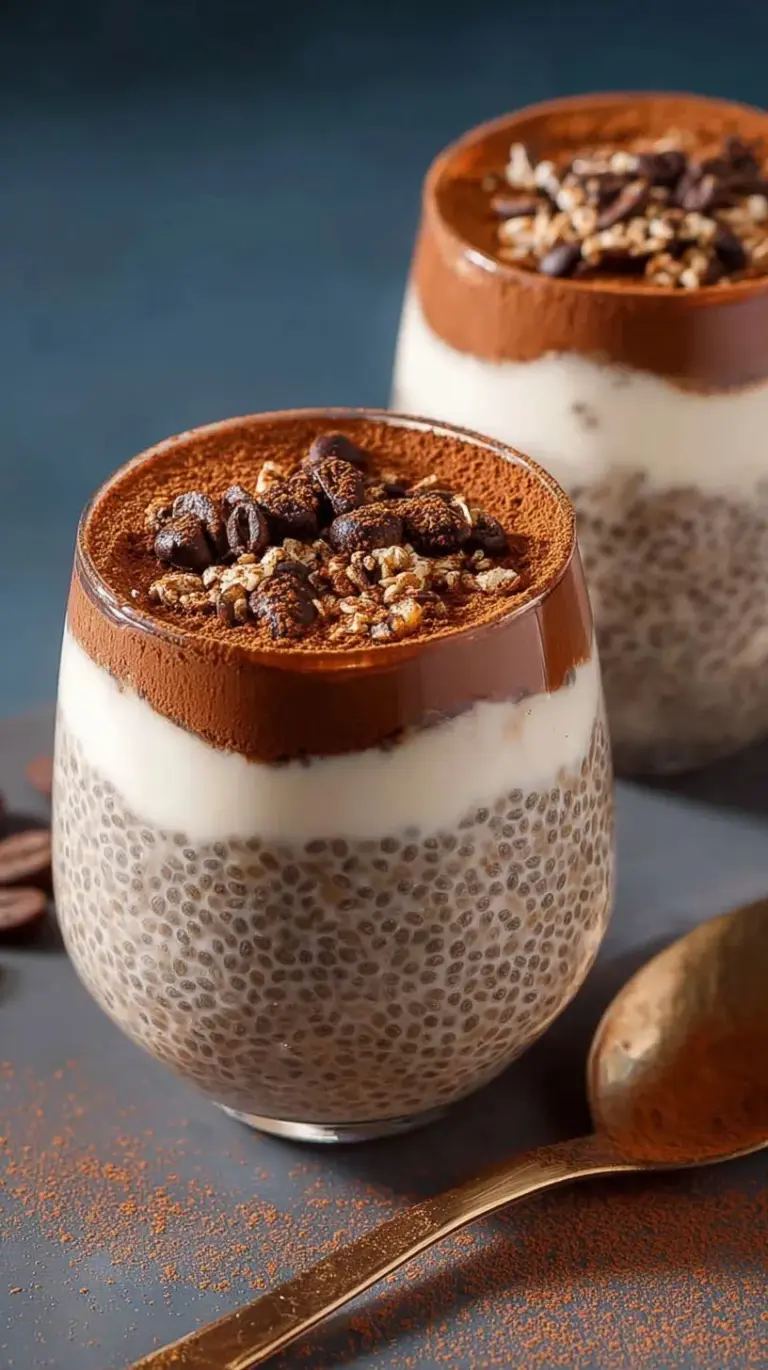 Layers of coffee-flavored chia pudding and Greek yogurt dusted with cocoa powder in a glass jar.